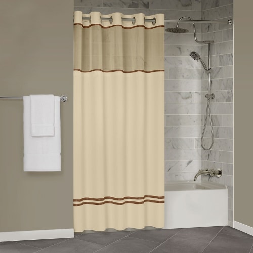 Protect360° Satin Ribbon Shower Curtain, Snap-in Liner, Hook Free, Antimicrobial, 71x77, Sand/Brown